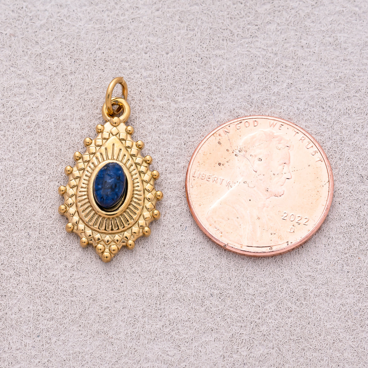 Gold PVD Stainless Steel Sapphire & Olive Oval Vintage Teardrop Sunrays Natural Gemstone Charm