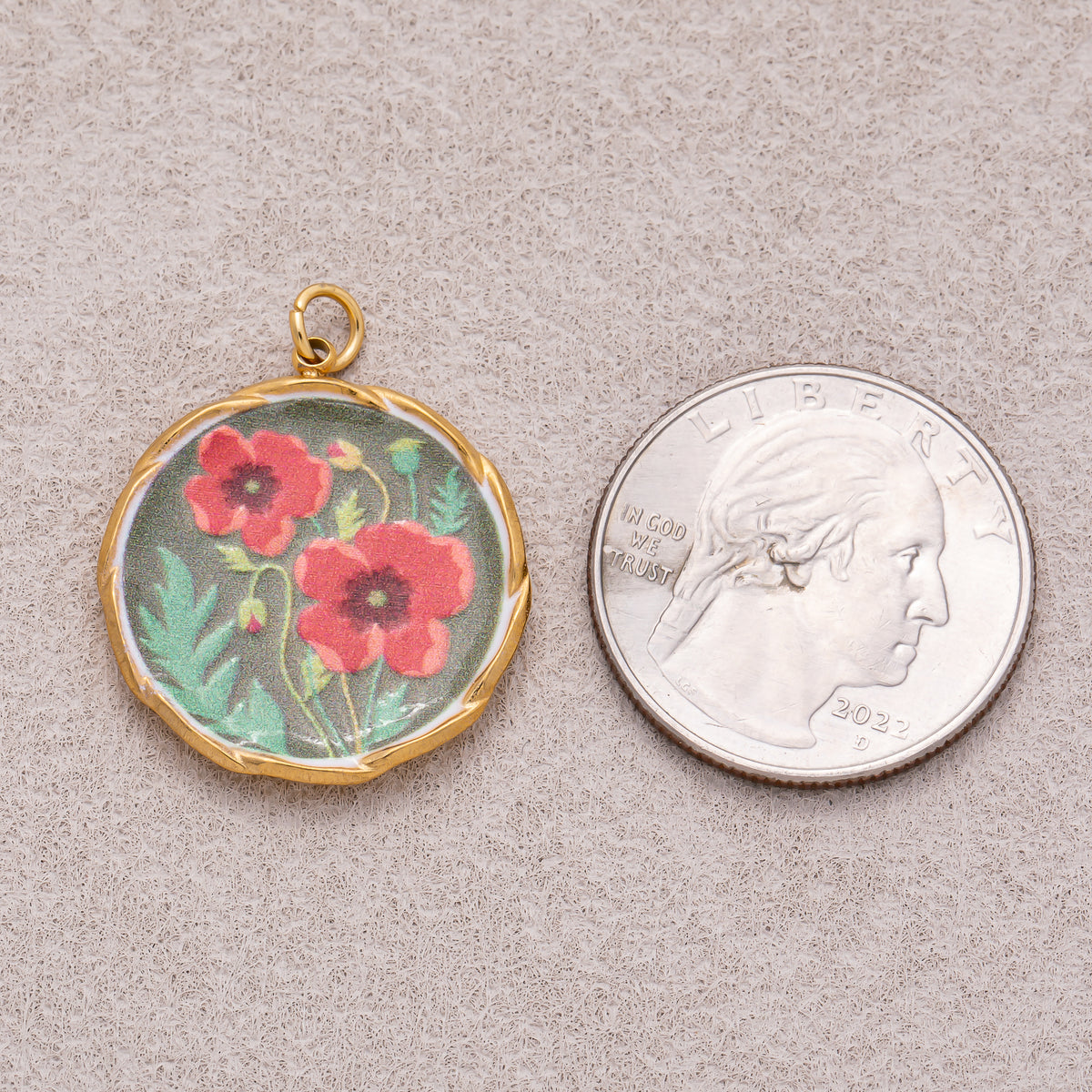 Gold PVD Stainless Steel Hand-Painted Red Poppy Flower Round Charm