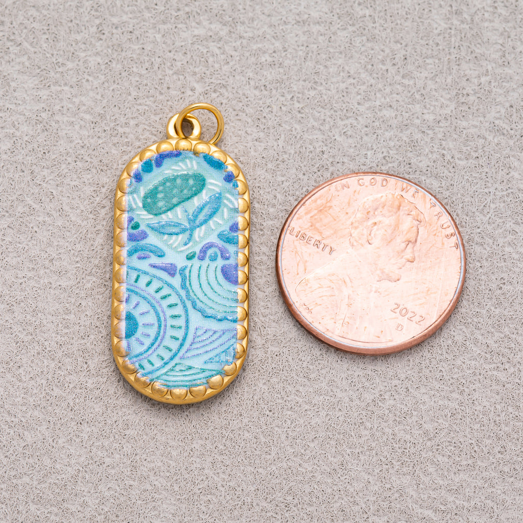 Gold PVD Stainless Steel Oval Floral Enamel Tag Pendants