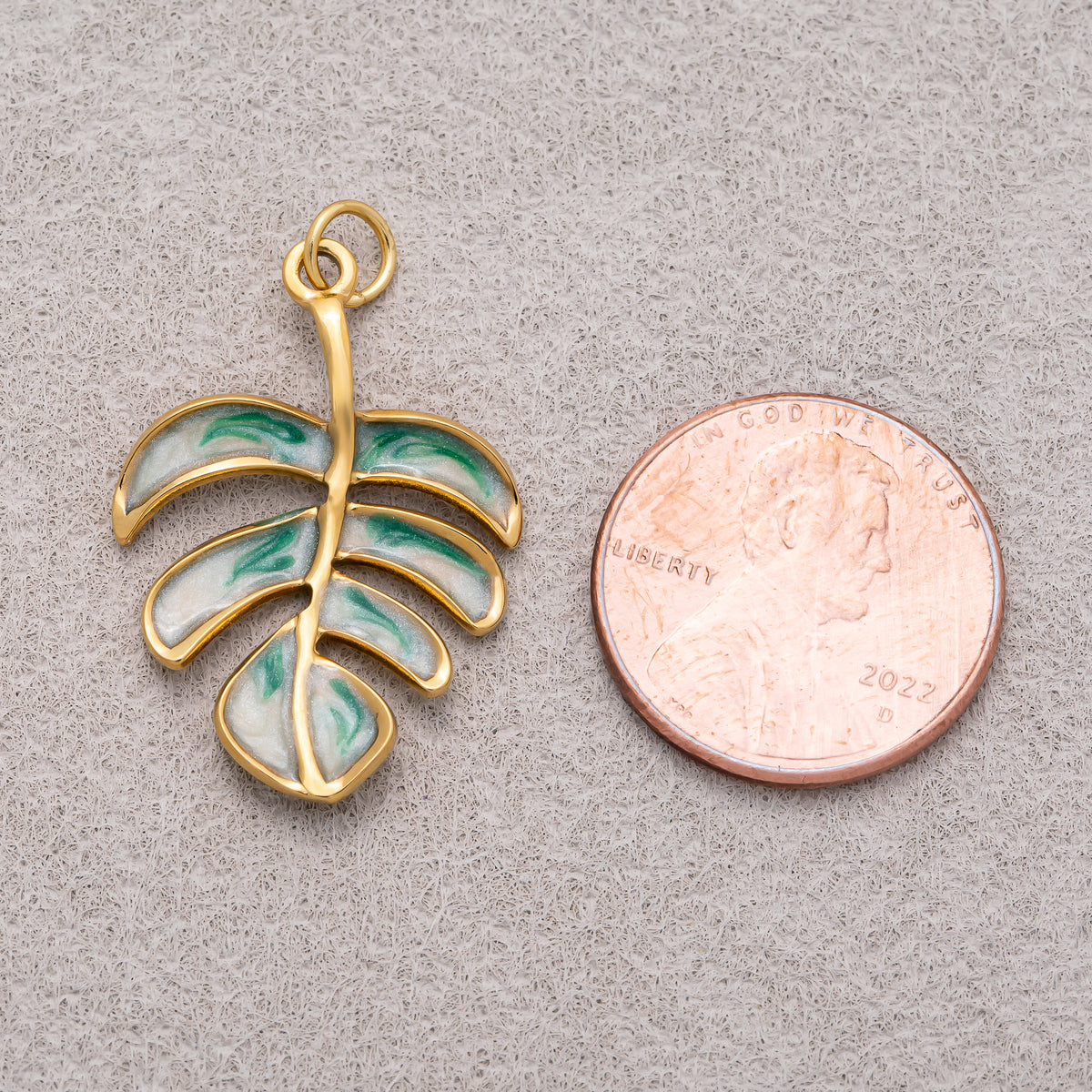 Gold PVD Stainless Steel Green Enamel Tropical Palm Tree Leaf Monstera Charm