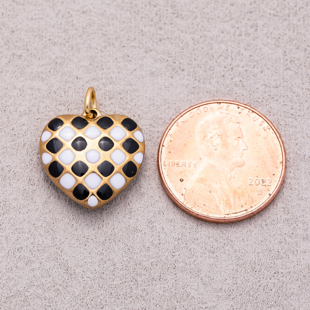 Gold PVD Stainless Steel Black and White Enamel Checkerboard Puffy Heart Charm