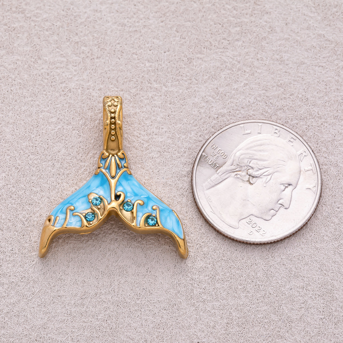 Gold PVD Stainless Steel Clear CZ Blue and White Mother of Pearl Mermaid Tail Fish Charm