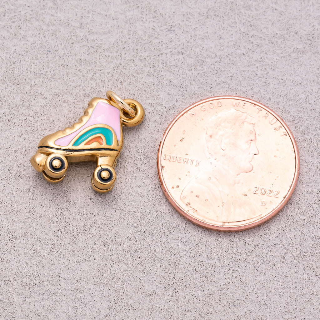 Gold PVD Stainless Steel Colorful Roller Skates Enamel Charm