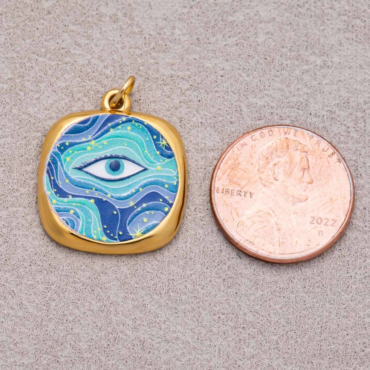 Gold PVD Stainless Steel Blue Enamel Galaxy Style Evil Eye Charm