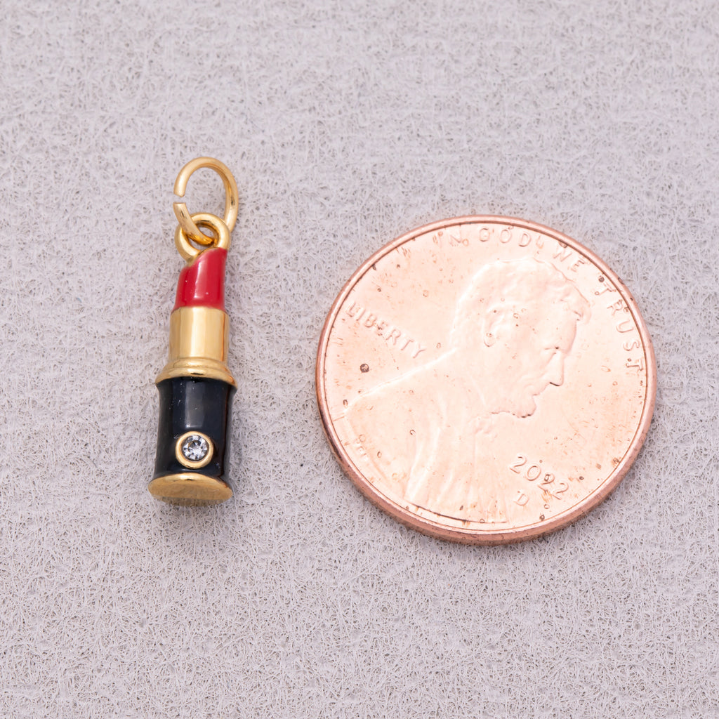 Gold PVD Stainless Steel Clear CZ Red Enamel Lipstick Make Up Charm