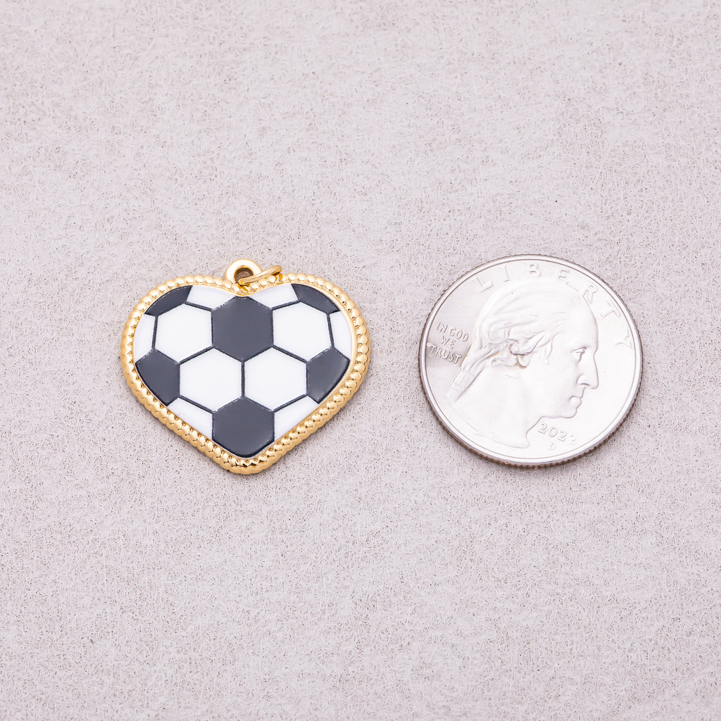 Gold PVD Stainless Steel Tennis, Baseball, Soccer Enamel Bezel Heart Charm