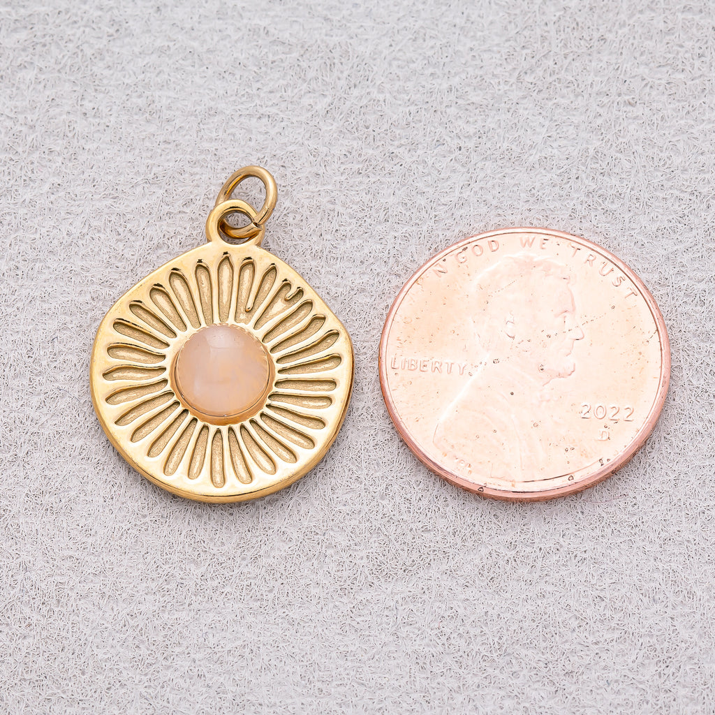 Gold PVD Stainless Steel Rose Quartz Cabochon Natural Gemstone Sunburst Medallion Charm