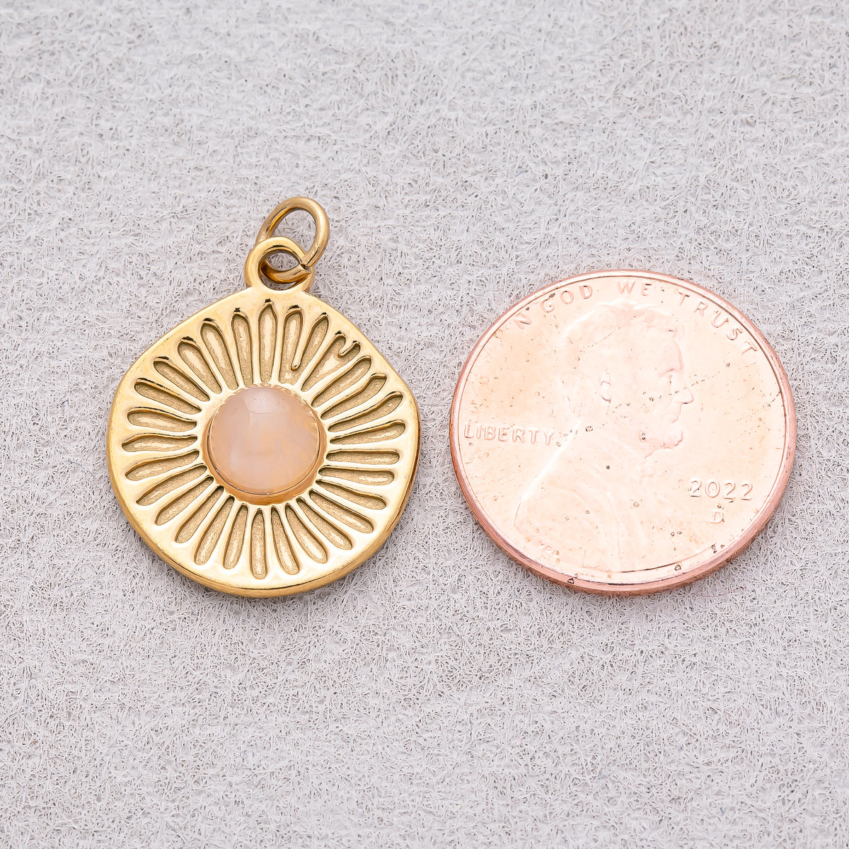 Gold PVD Stainless Steel Rose Quartz Cabochon Natural Gemstone Sunburst Medallion Charm