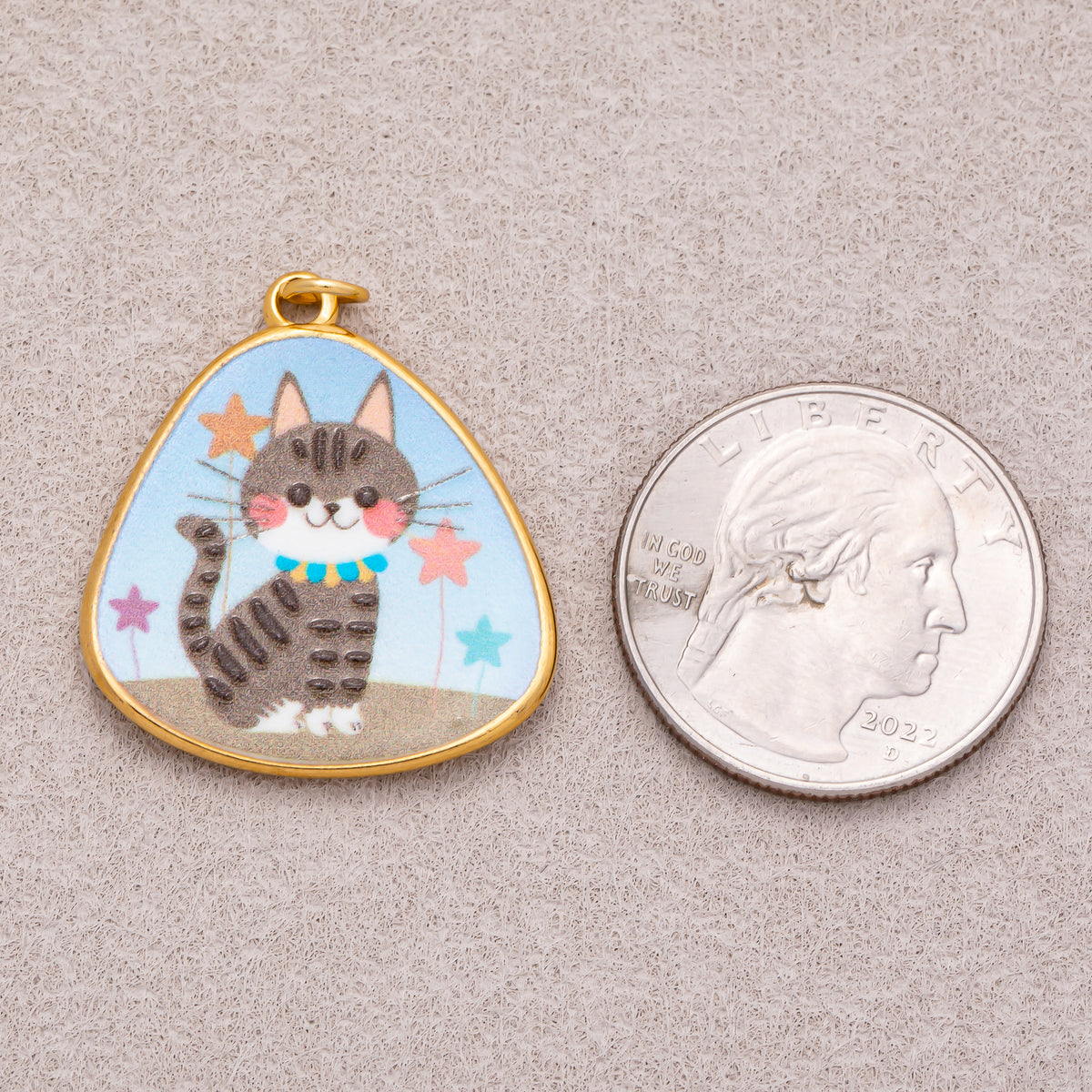 Gold PVD Stainless Steel Hand Painted Enamel Lovely Doves & Kitty Pet Charm