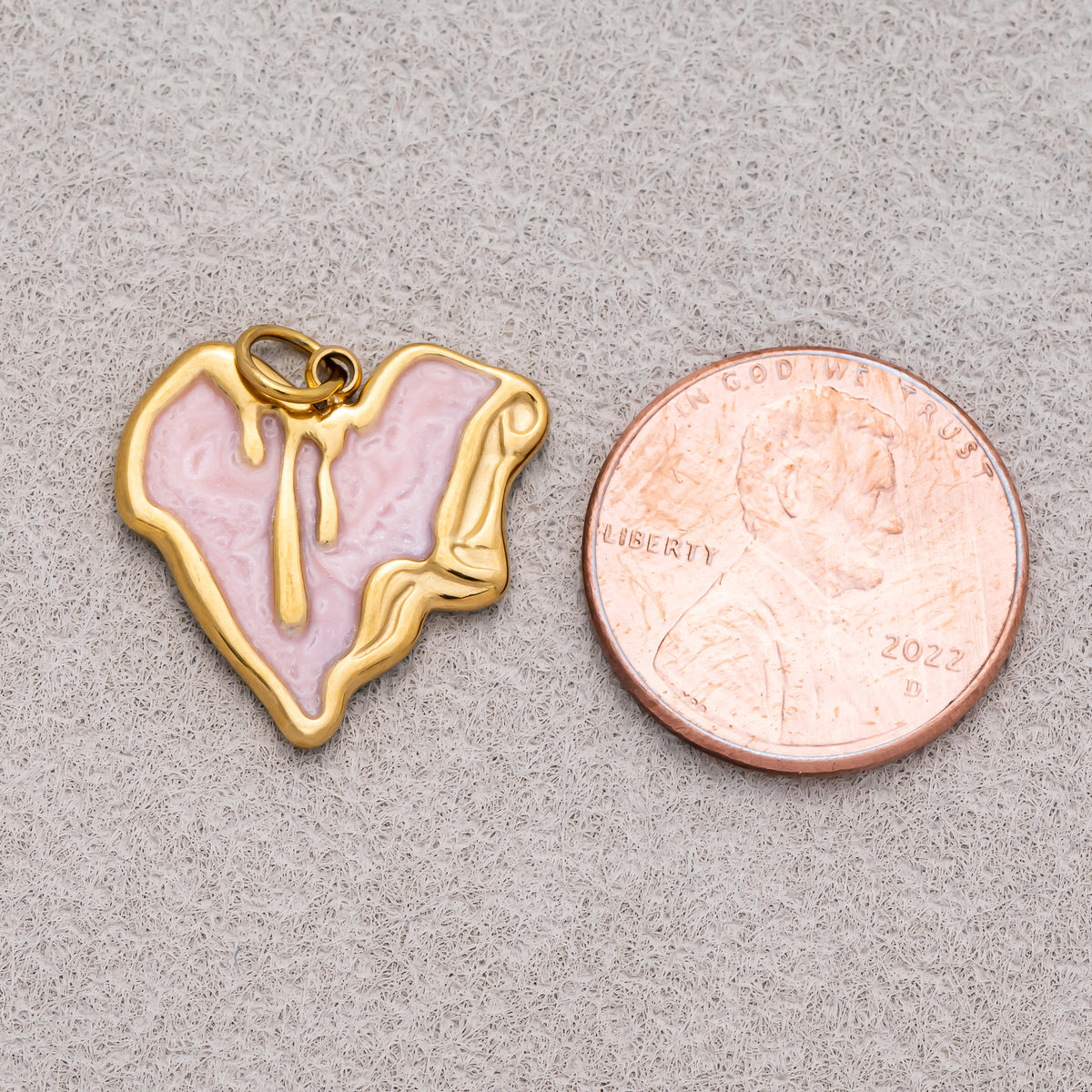 Gold PVD Stainless Steel Pink, White Molten Irregular Heart Enamel Charm