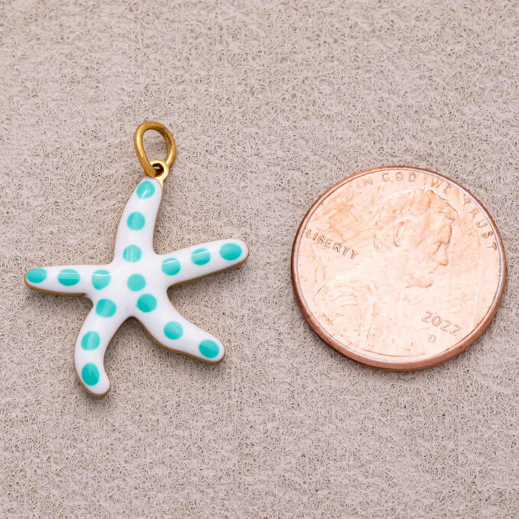 Gold PVD Stainless Steel Blue White Dotted Ocean Starfish 3D Multidimensional Charm