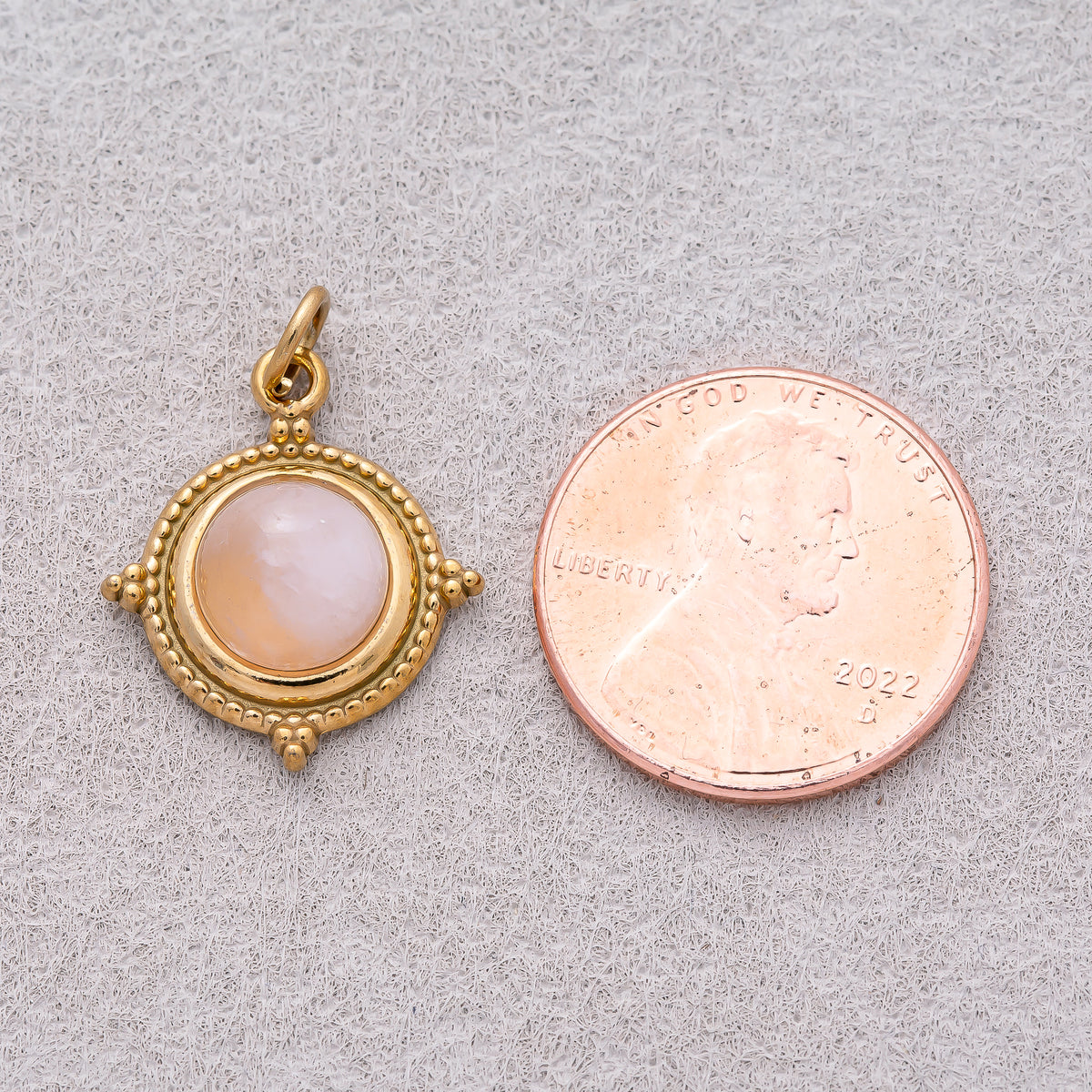Gold PVD Stainless Steel Rose Quartz Cabochon Natural Gemstone Ribbed Medallion Charm