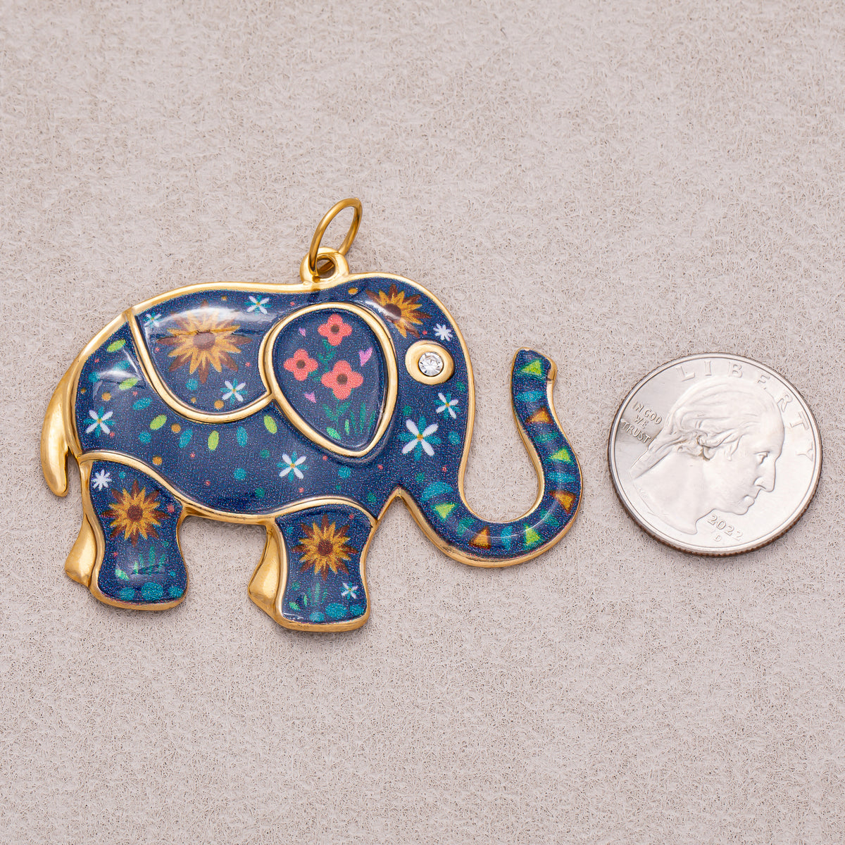 Gold PVD Stainless Steel Blue Flower Enamel CZ Elephant Statement Charm