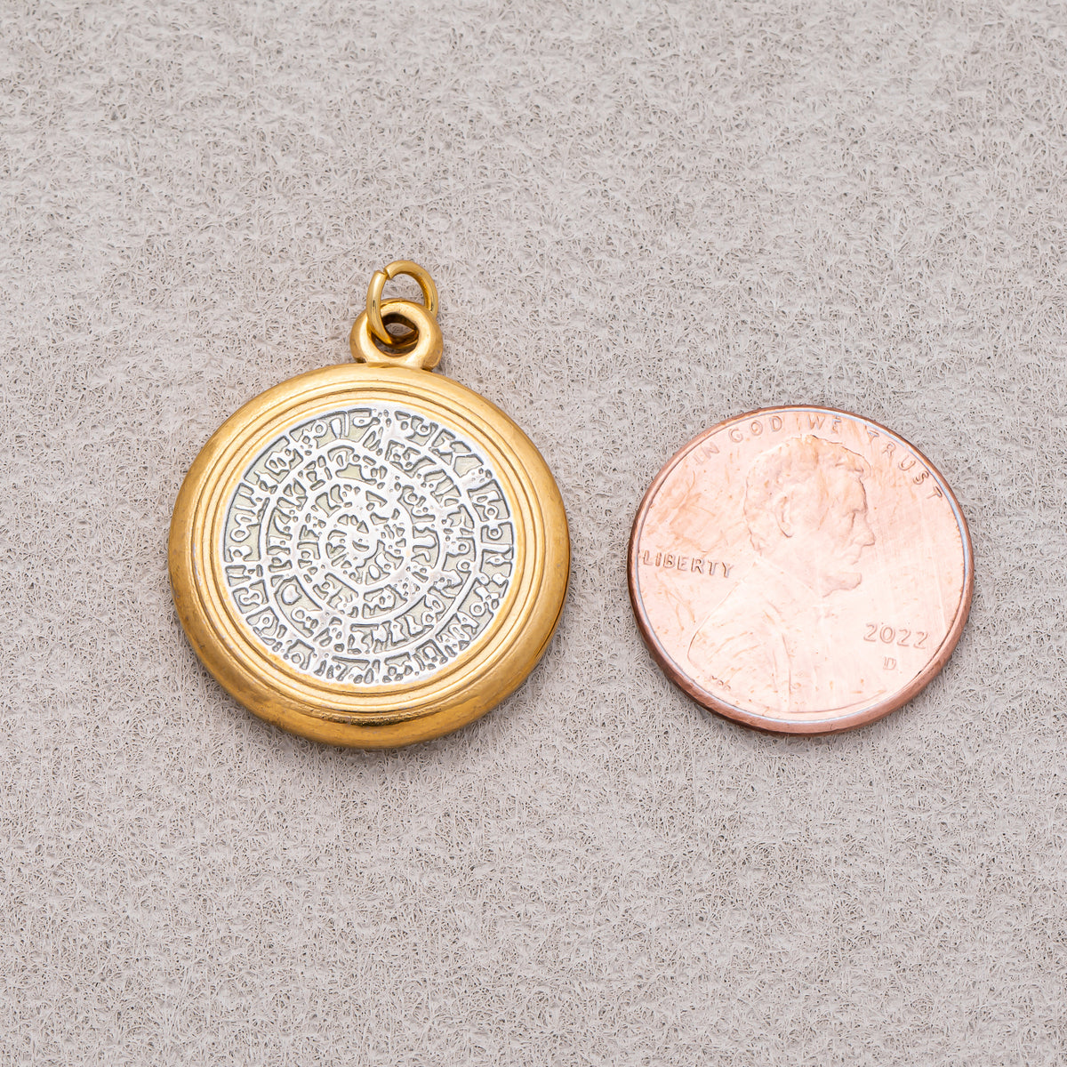 Gold PVD Stainless Steel Textured Phaistos Disc Medallion Charm