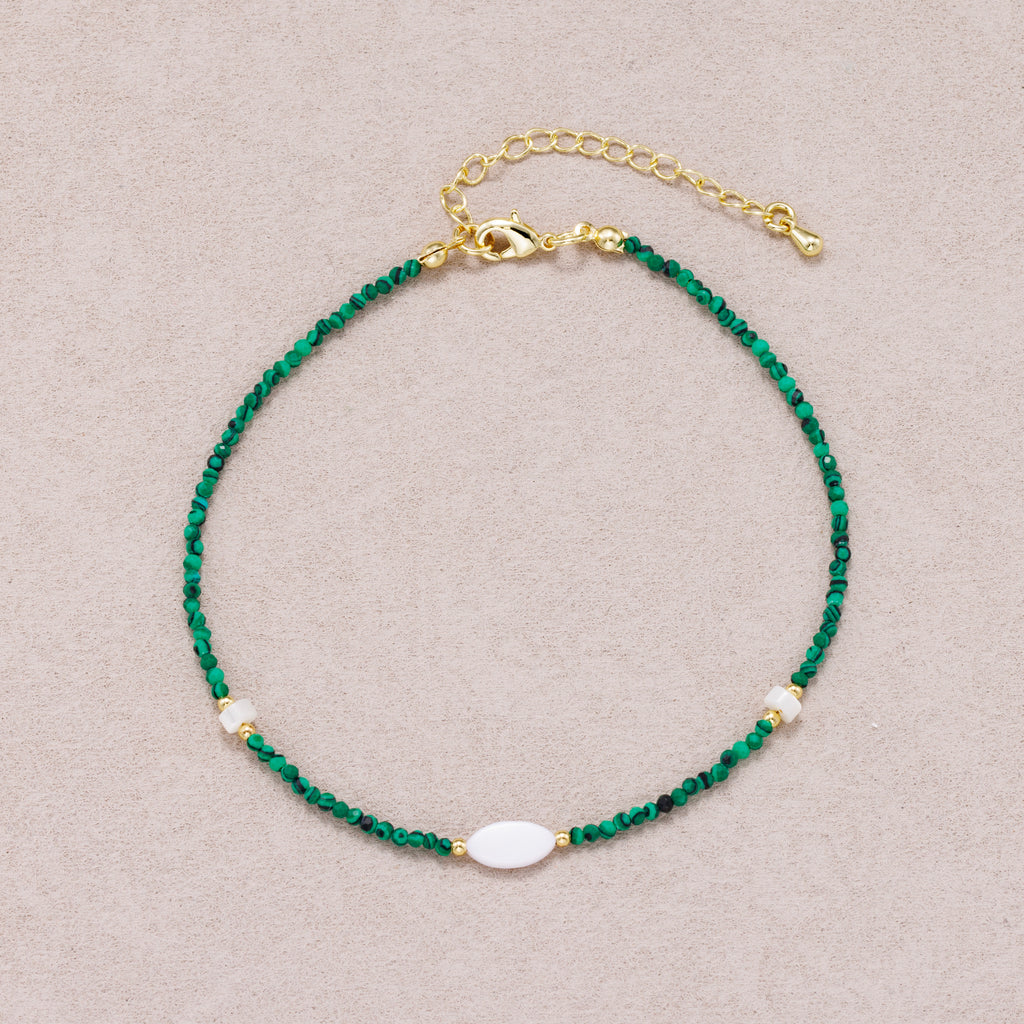 24K Gold Plated Oval Shell Pearl Malachite Multifaceted Gemstone Bracelet