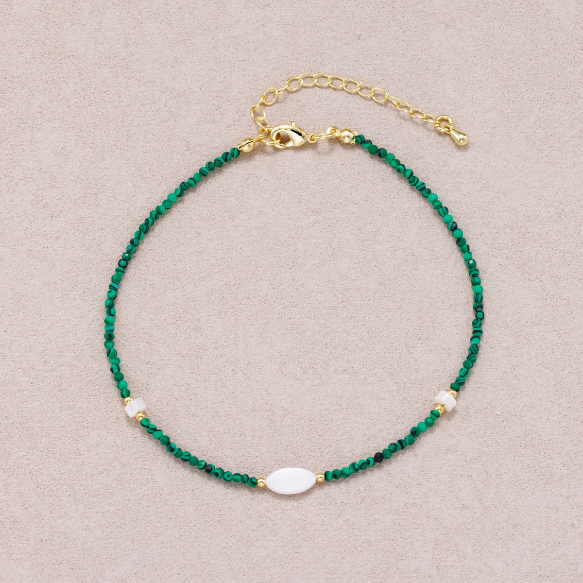 24K Gold Plated Oval Shell Pearl Malachite Multifaceted Gemstone Bracelet