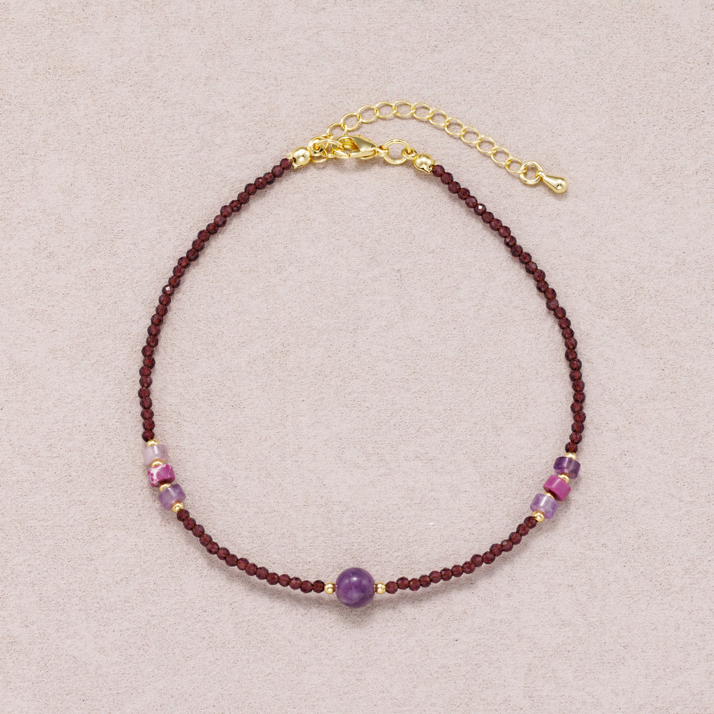 24K Gold Plated Garnet & Amethyst Beaded Multifaceted Gemstone Bracelet