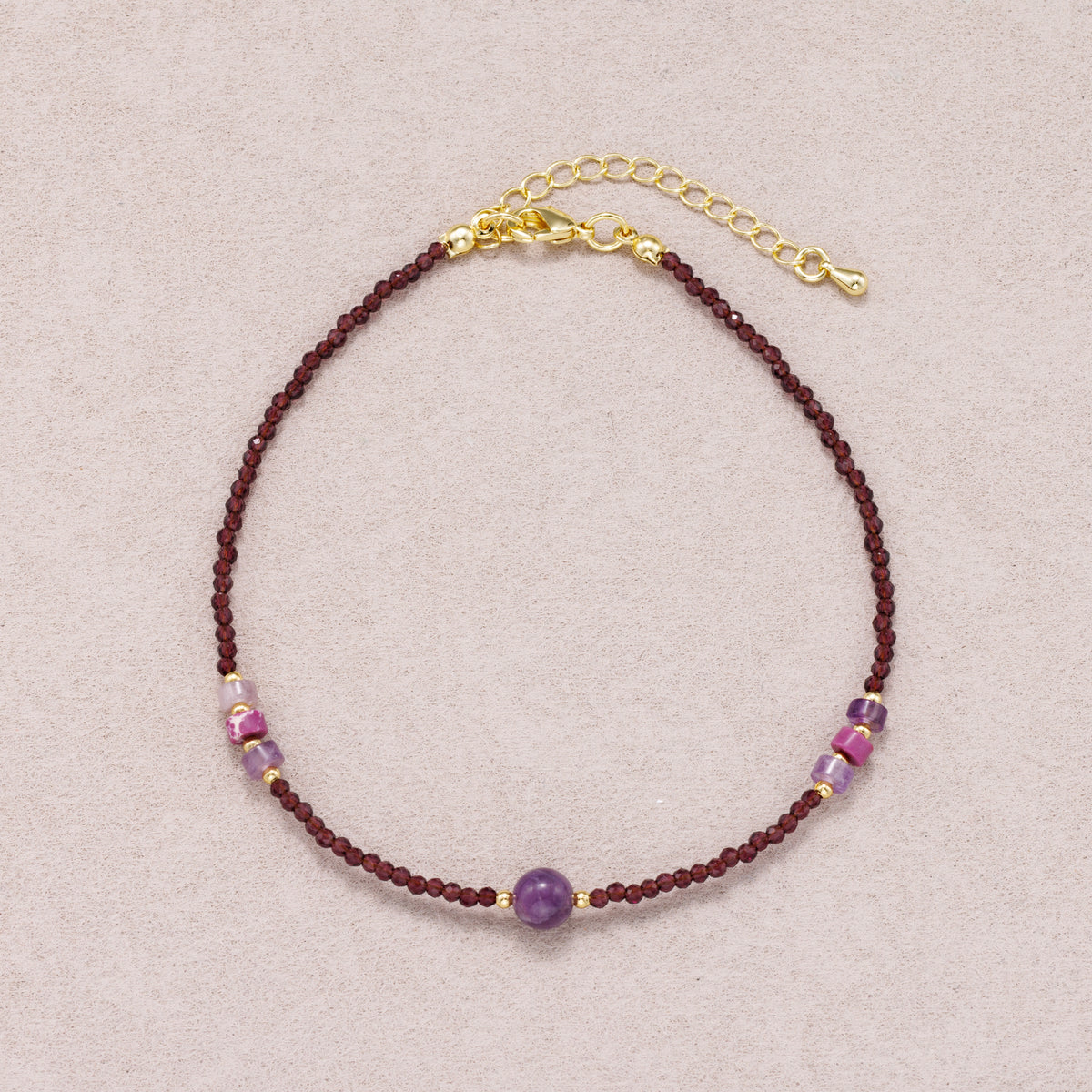 24K Gold Plated Garnet & Amethyst Beaded Multifaceted Gemstone Bracelet