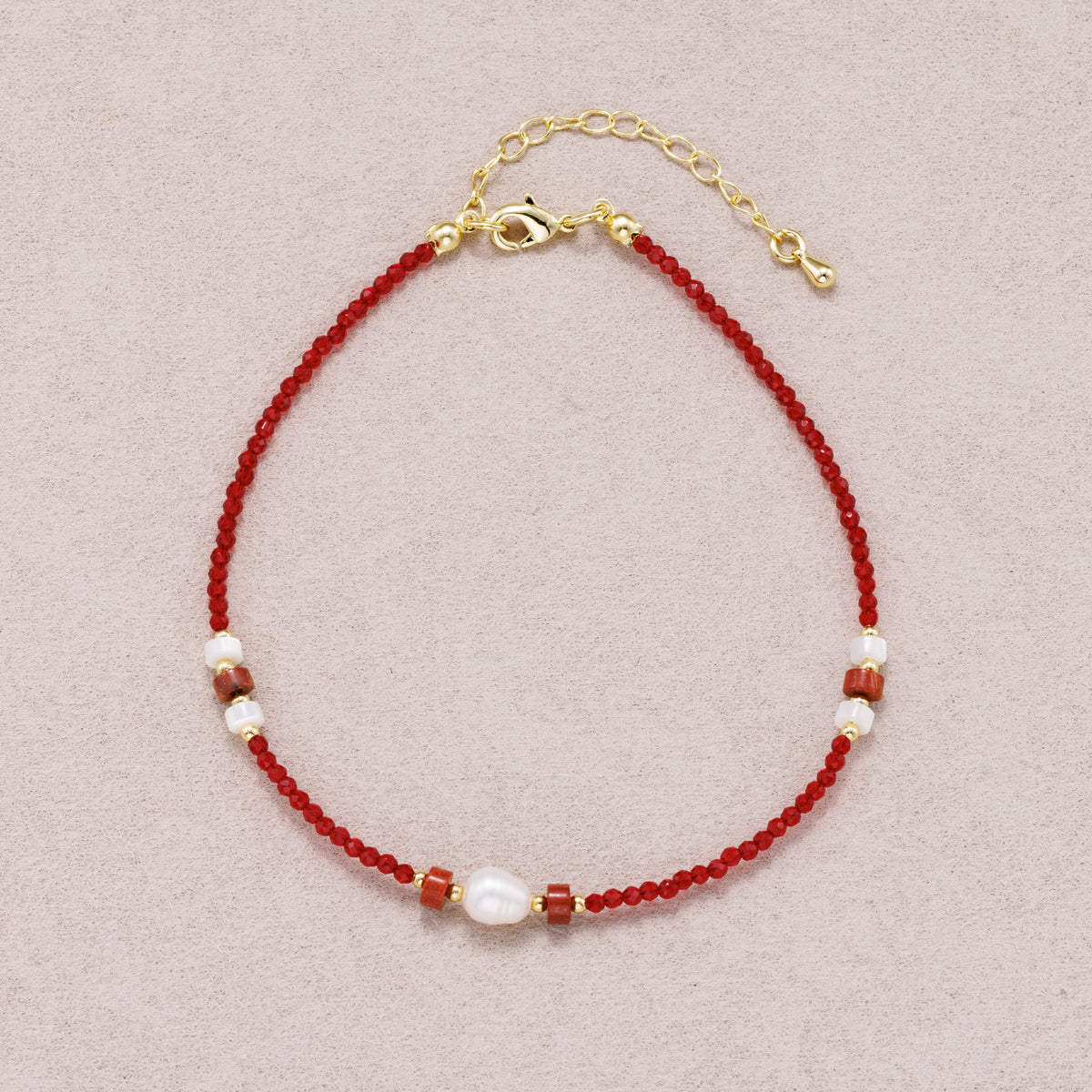 24K Gold Plated Freshwater Pearl Red Crystal Rondelle Gemstone Bracelet