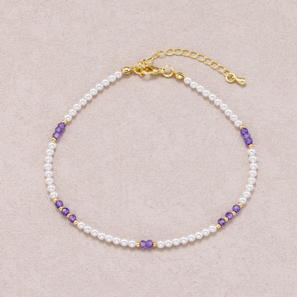 24K Gold Plated Faceted Amethyst Gemstone Shell Pearl Bead Strand Bracelet