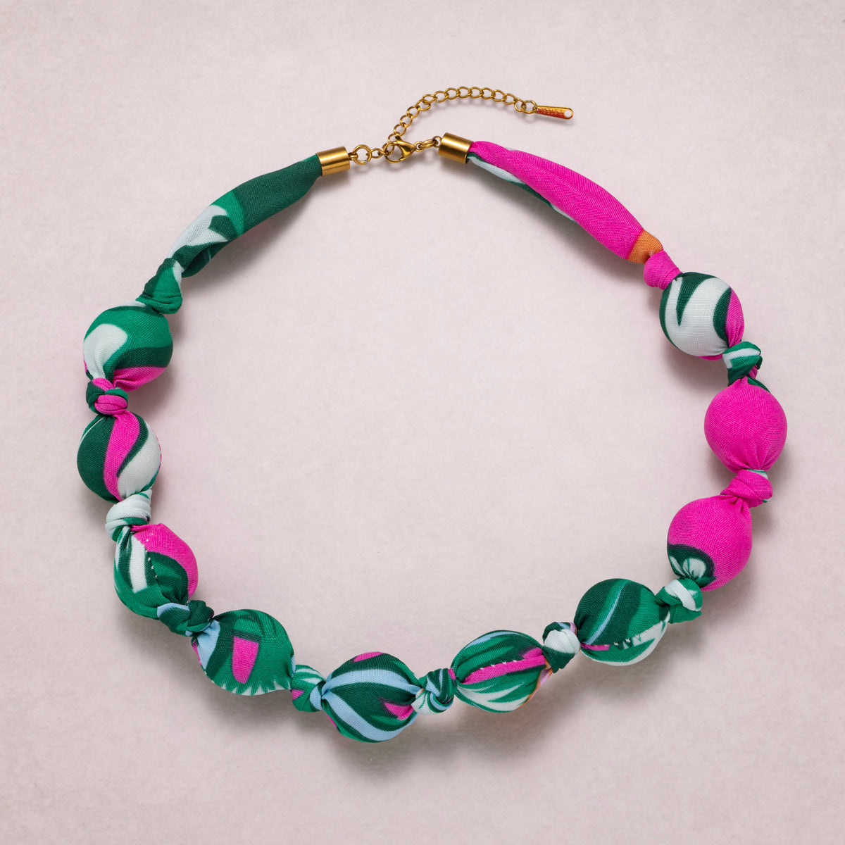 18K Gold PVD Stainless Steel Colorful Fabric Wrapped Bead Statement Handmade Scarf Necklace