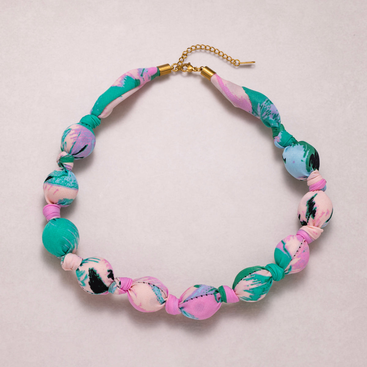 18K Gold PVD Stainless Steel Colorful Fabric Wrapped Bead Statement Handmade Scarf Necklace