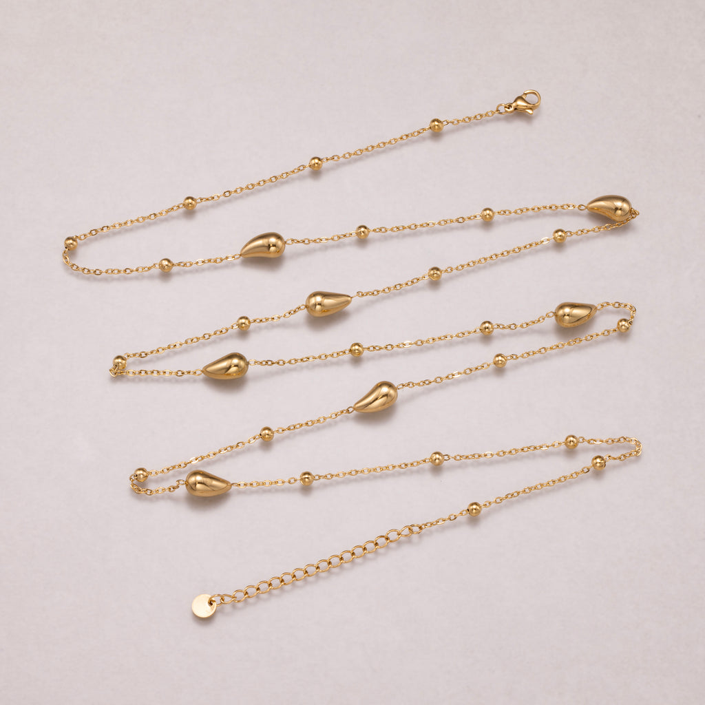 Gold PVD Stainless Steel Teardrop & Satellite Station Chain Necklace Necklace
