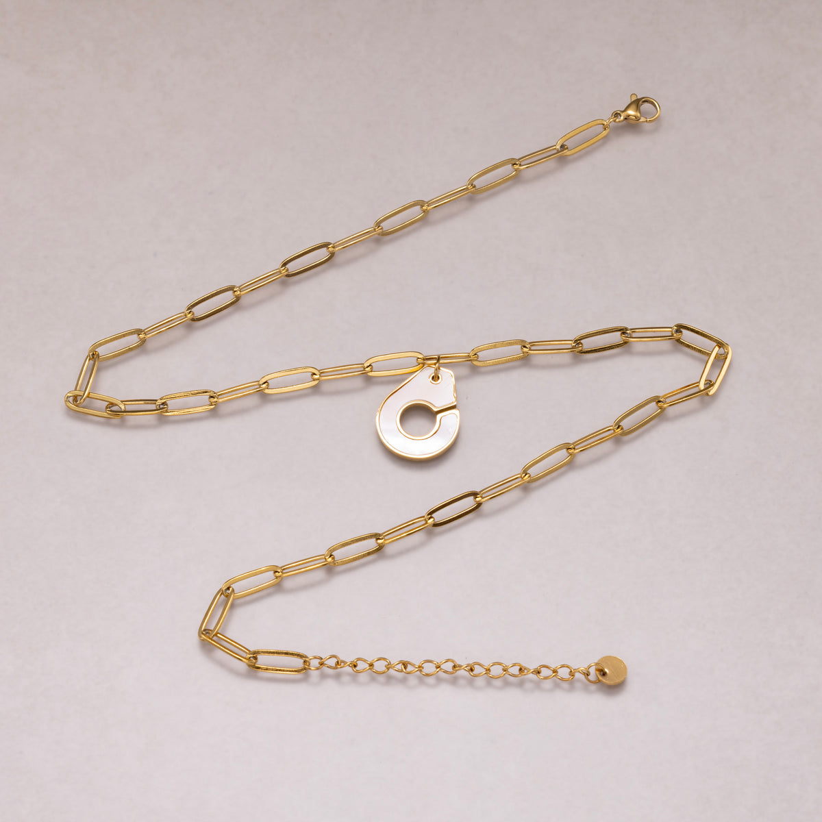 Gold PVD Stainless Steel Mother of Pearl Asymmetric Initial C Paperclip Chain Necklace